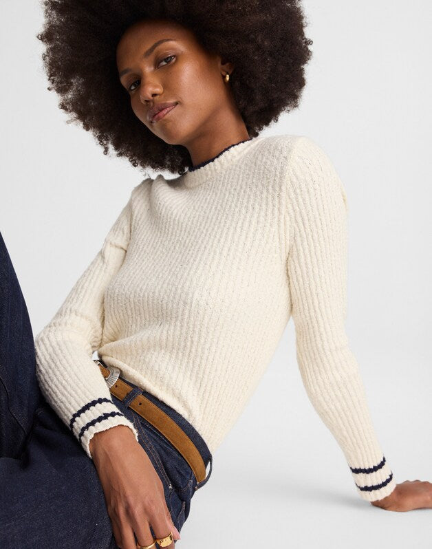 Bouclé-Knit Crewneck Sweater CREAM AND NAVY COMBO