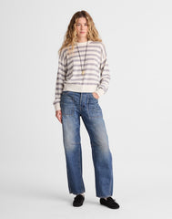 Rib-Stitch Crewneck Sweater in Cashmere IVORY AND HTHR GREY STRIPE