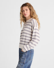 Rib-Stitch Crewneck Sweater in Cashmere IVORY AND HTHR GREY STRIPE