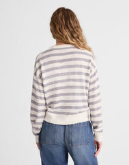 Rib-Stitch Crewneck Sweater in Cashmere IVORY AND HTHR GREY STRIPE