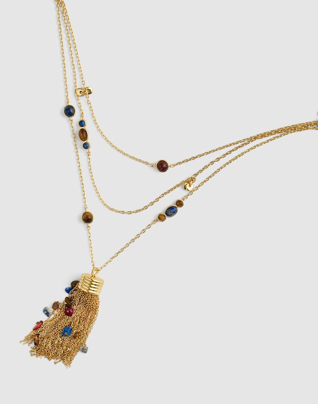 Semiprecious Tassel Pendant Layered Necklace ANTIQUE GOLD