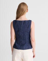 Denim Ruched Boatneck Shell Top LIGHT RINSE