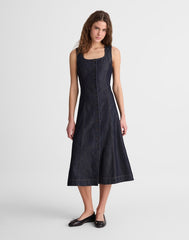 Airy Denim Squareneck Button-Front Midi Dress RINSE WASH
