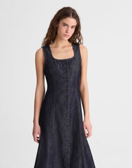 Airy Denim Squareneck Button-Front Midi Dress RINSE WASH