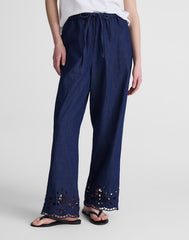 Denim Embroidered-Hem Pull-On Pants MARFIELD WASH