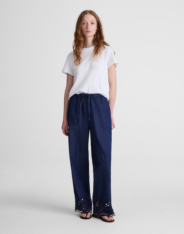 Denim Embroidered-Hem Pull-On Pants MARFIELD WASH