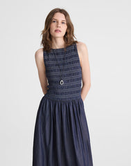 Denim Smocked Boatneck Midi Dress CARRIGAN WASH