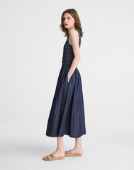 Denim Smocked Boatneck Midi Dress CARRIGAN WASH