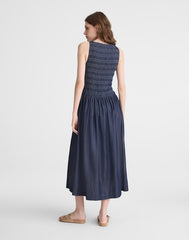 Denim Smocked Boatneck Midi Dress CARRIGAN WASH