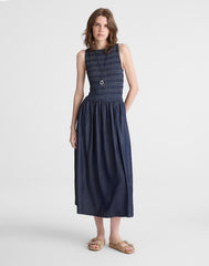 Denim Smocked Boatneck Midi Dress CARRIGAN WASH