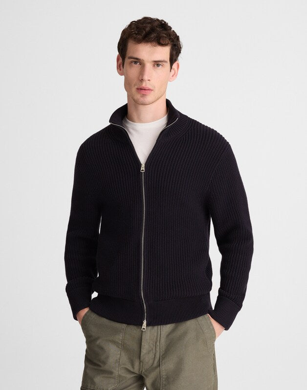 Cotton Shaker-Stitch Full-Zip Sweater OBSIDIAN BLUE