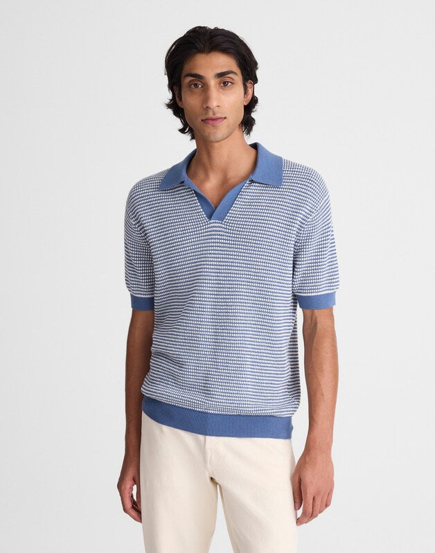 Textured-Stitch Johnny-Collar Sweater Polo STEEL BLUE