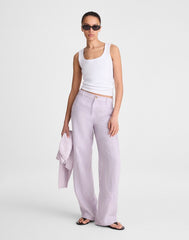 The Zoe Relaxed Straight Pant in 100% Linen LILAC CHAMBRAY