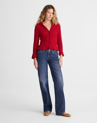 Pointelle-Knit Peplum Cardigan CRIMSON