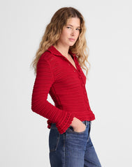 Pointelle-Knit Peplum Cardigan CRIMSON