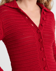 Pointelle-Knit Peplum Cardigan CRIMSON