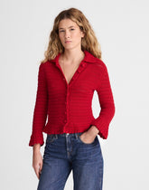 Pointelle-Knit Peplum Cardigan CRIMSON