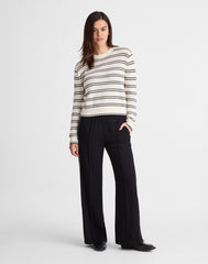 Striped Textured-Stitch Crewneck Sweater in 100% Cotton IVORY AND BLACK DOUBLE