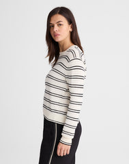 Striped Textured-Stitch Crewneck Sweater in 100% Cotton IVORY AND BLACK DOUBLE