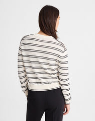 Striped Textured-Stitch Crewneck Sweater in 100% Cotton IVORY AND BLACK DOUBLE