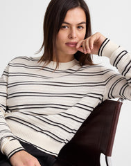 Striped Textured-Stitch Crewneck Sweater in 100% Cotton IVORY AND BLACK DOUBLE