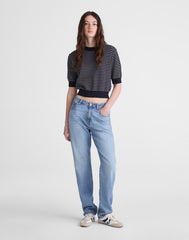 Textural-Stitch Crewneck Sweater in 100% Cotton NAVY AND IVORY MINI STRIPE