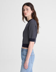 Textural-Stitch Crewneck Sweater in 100% Cotton NAVY AND IVORY MINI STRIPE