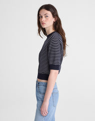 Textural-Stitch Crewneck Sweater in 100% Cotton NAVY AND IVORY MINI STRIPE