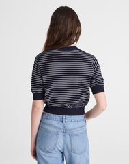 Textural-Stitch Crewneck Sweater in 100% Cotton NAVY AND IVORY MINI STRIPE