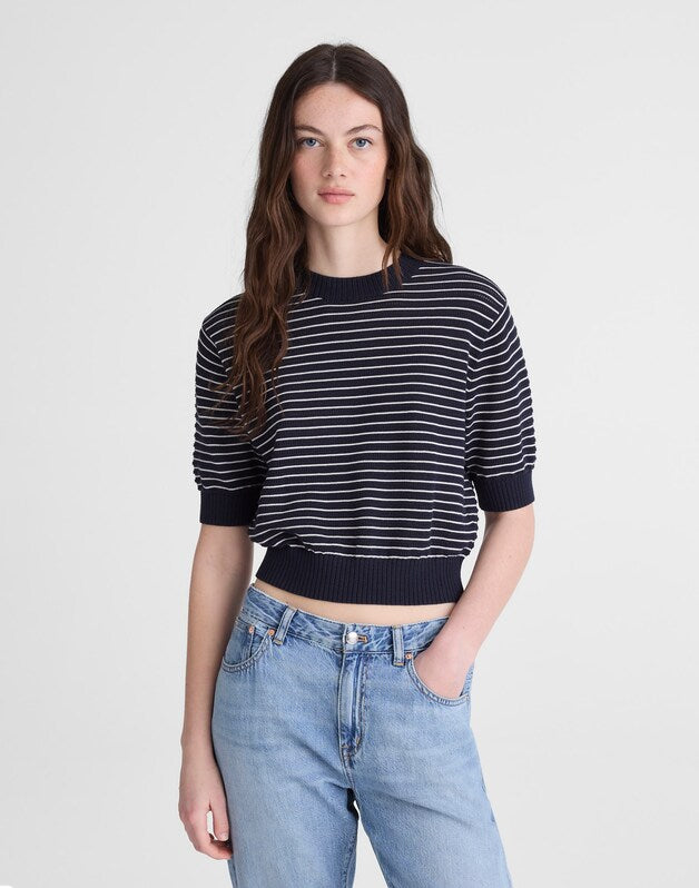 Textural-Stitch Crewneck Sweater in 100% Cotton NAVY AND IVORY MINI STRIPE