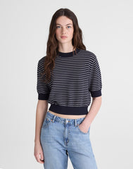 Textural-Stitch Crewneck Sweater in 100% Cotton NAVY AND IVORY MINI STRIPE