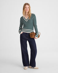 Striped Shrunken V-Neck Varsity Sweater SPRUCE AND IVORY STRIPE
