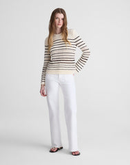 Striped Open-Stitch Sweater in 100% Cotton IVORY AND CHOCOLATE STRIPE