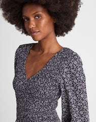 Smocked V-Neck Midi Dress CLASSIC NAVY