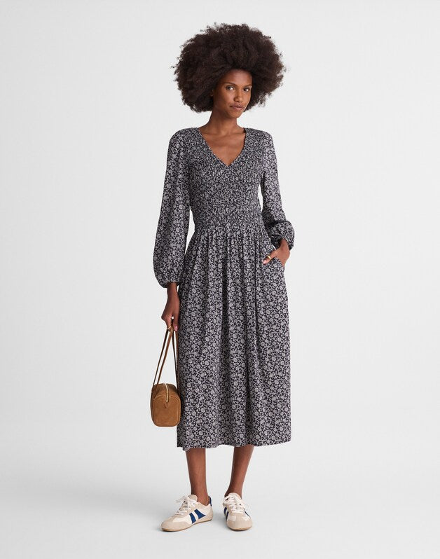 Smocked V-Neck Midi Dress CLASSIC NAVY