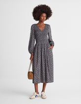 Smocked V-Neck Midi Dress CLASSIC NAVY