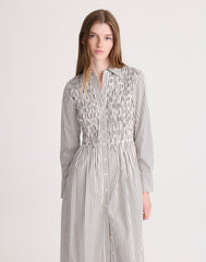 Smocked Midi Shirtdress in Poplin WHITE BLACK STRIPE