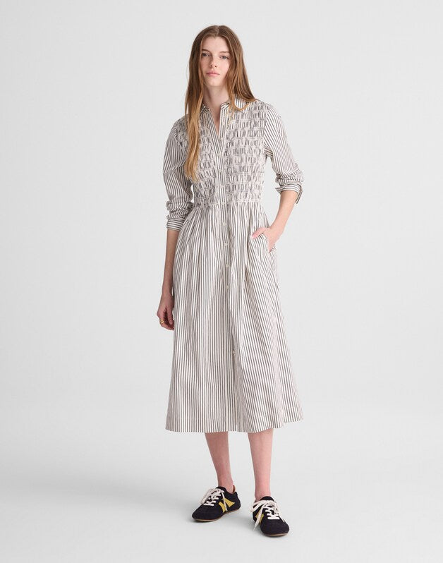 Smocked Midi Shirtdress in Poplin WHITE BLACK STRIPE