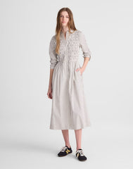 Smocked Midi Shirtdress in Poplin WHITE BLACK STRIPE