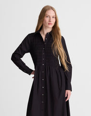Smocked Midi Shirtdress in Poplin JET BLACK