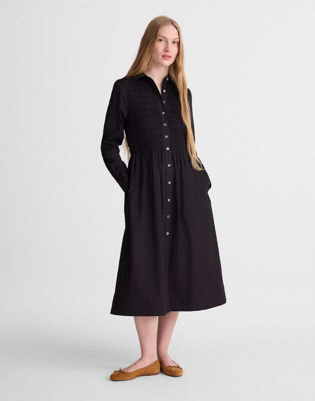 Smocked Midi Shirtdress in Poplin JET BLACK