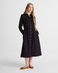 Smocked Midi Shirtdress in Poplin JET BLACK