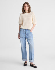 Textured Sweater Tee in 100% Cotton IVORY WITH BLACK TIPPING