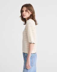 Textured Sweater Tee in 100% Cotton IVORY WITH BLACK TIPPING