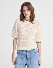 Textured Sweater Tee in 100% Cotton IVORY WITH BLACK TIPPING