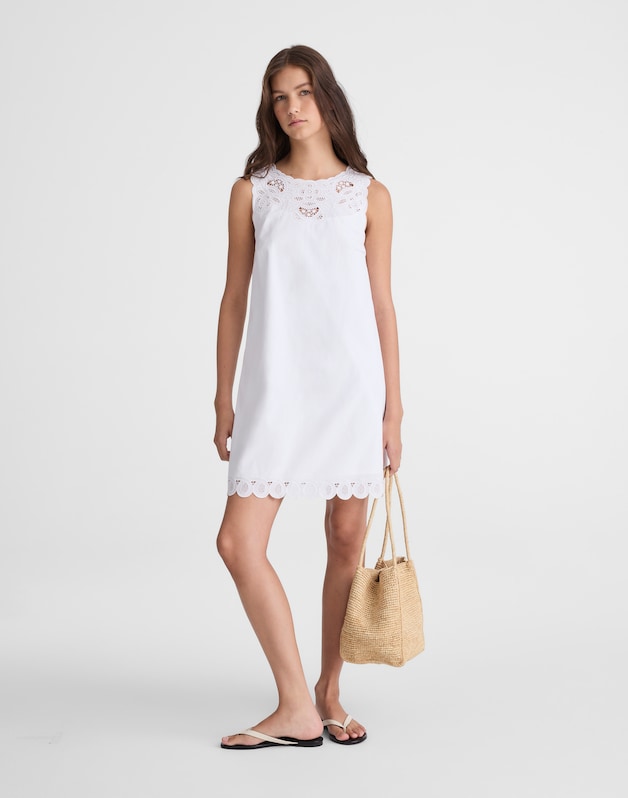 Embroidered Mini Shift Dress in Poplin WHITE
