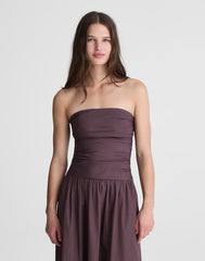 Strapless Ruched Midi Dress in Poplin CHOCOLATE PLUM