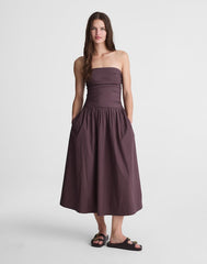 Strapless Ruched Midi Dress in Poplin CHOCOLATE PLUM
