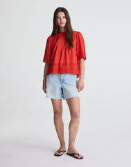 Embroidered Pintuck High-Neck Top WILD POPPY