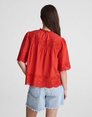 Embroidered Pintuck High-Neck Top WILD POPPY